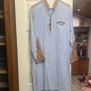 Men's Blue Kurta with Gold Embroidery